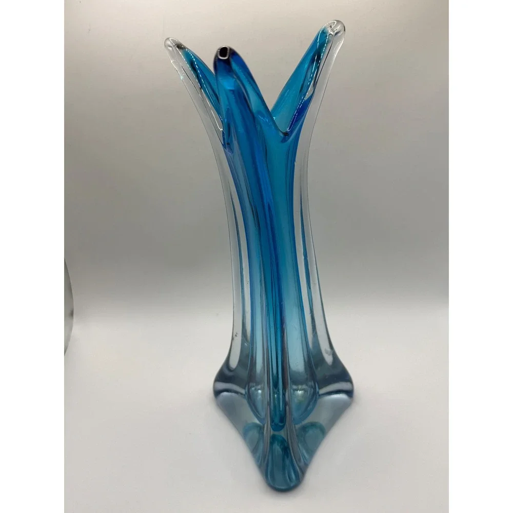 Vintage Blue Sommerso Art Glass Pulled Swung 3 Prong Vase Mid Century Modern 12